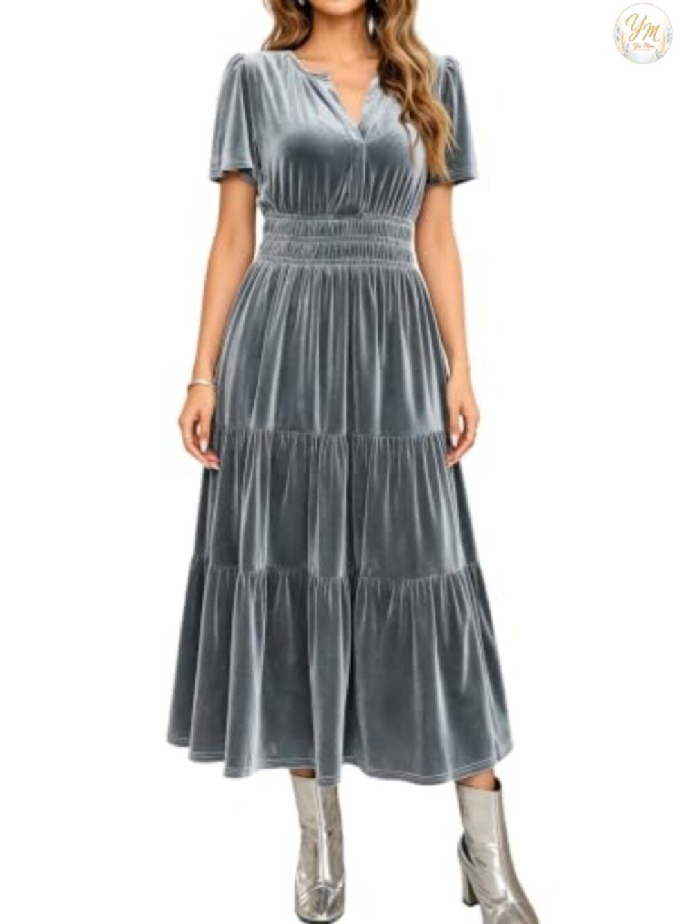 Womens Velvet V Neck Maxi Dress Short Sleeve Elastic Waist Tiered